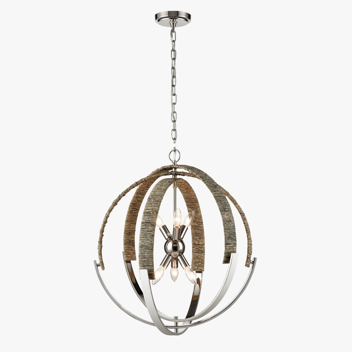 6 - Light Polished Nickel Finish and Nature Gray Corn Leaf Rope Pendant Light, E12 Base - LEDMyPlace