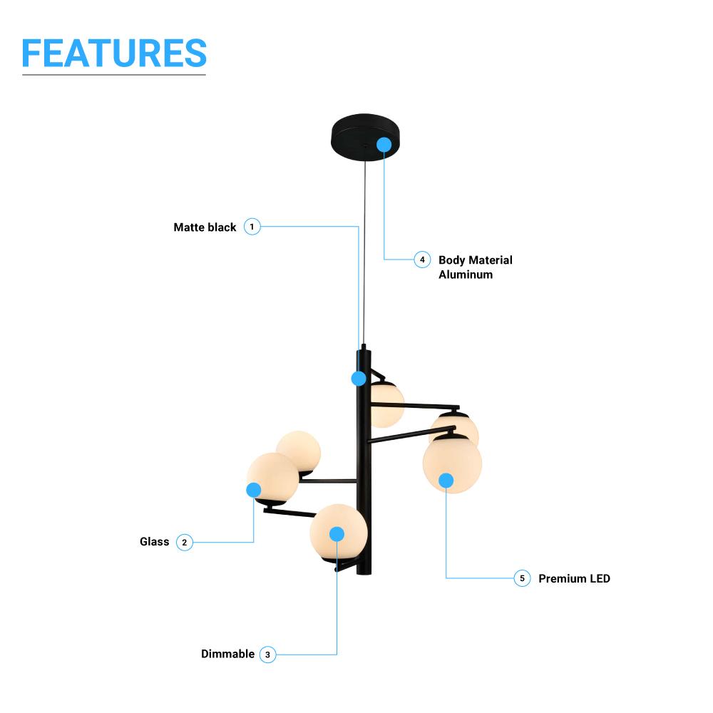 6 - Lights, Chandelier, 47W, 3000K, Matte Black Body Finish, Dimmable - LEDMyPlace