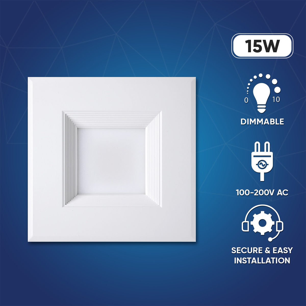 6" Square LED Downlight - CCT Changeable 2700K/3000K/3500K/4000K/5000K, 15W, 120V AC, Baffle Aluminum Trim, Damp Location - Dimmable Ceiling Lights with E26 base - LEDMyPlace