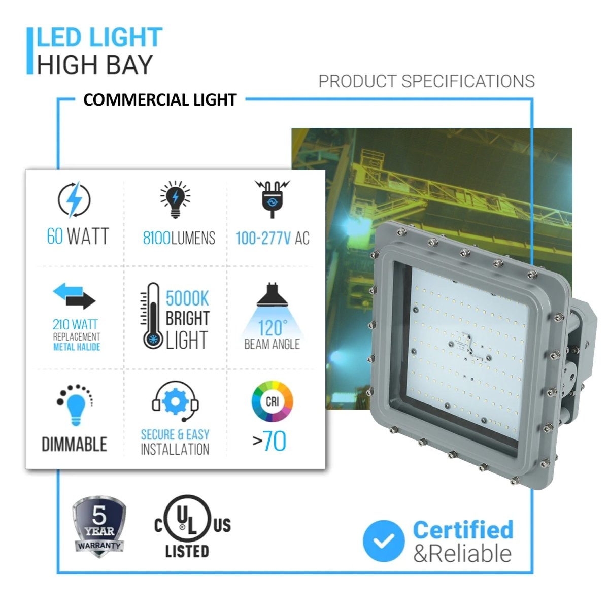 60 Watt LED Explosion Proof Flood Light, D Series, Dimmable, 5000K, 8100LM, AC100 - 277V, IP66, Hazardous Location Lighting Fixtures - LEDMyPlace