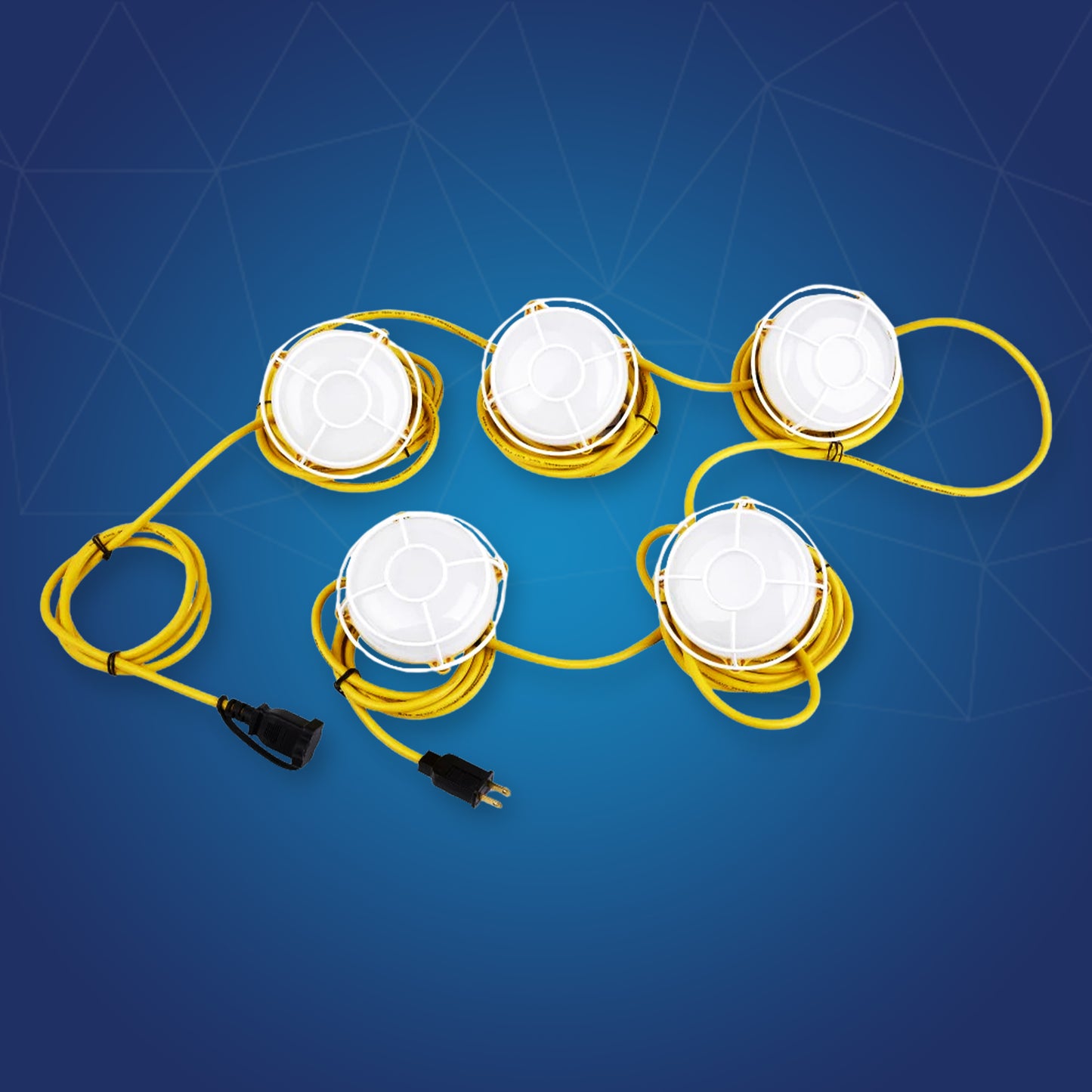 LED String Work Lights With Cage, 65W 5000K, 50ft, 8000LM , IP65, 5 Lights Per Bunch,  Linkable, for Construction Sites, Renovation, Mine Cave, Hanging String Lights