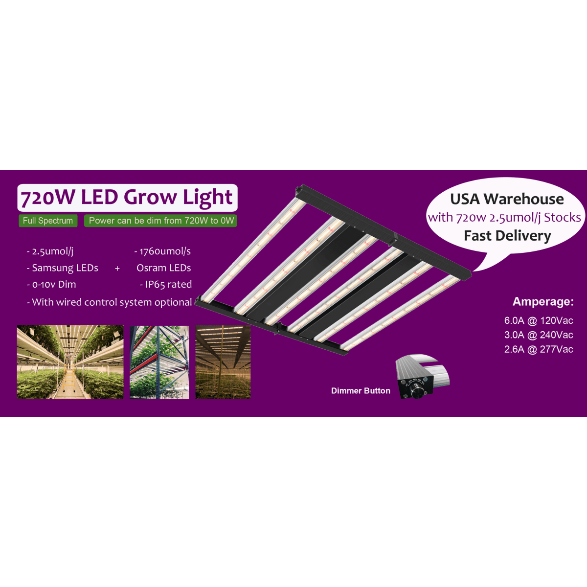 720W Full Spectrum Grow Lamps, 6 Bars, 2.7 μmol/j, Dimmable, Smart Control System LED Grow Light With Optic Lens - LEDMyPlace