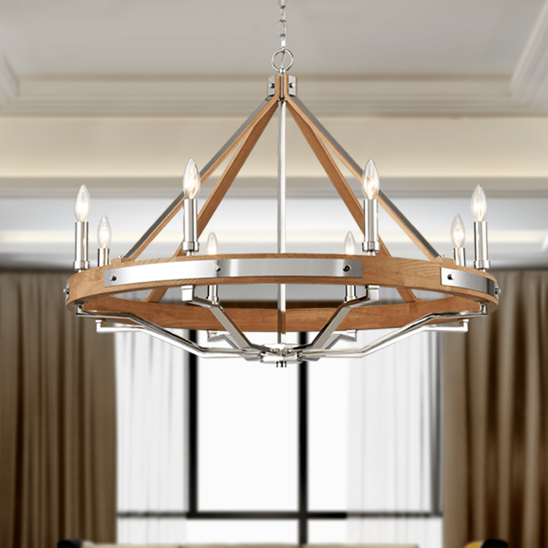 8 - Light Farmhouse Chandelier Diam 34'', E12 Base, Polished Nickel Finish Hardware with Nature Solid Ashwood - LEDMyPlace