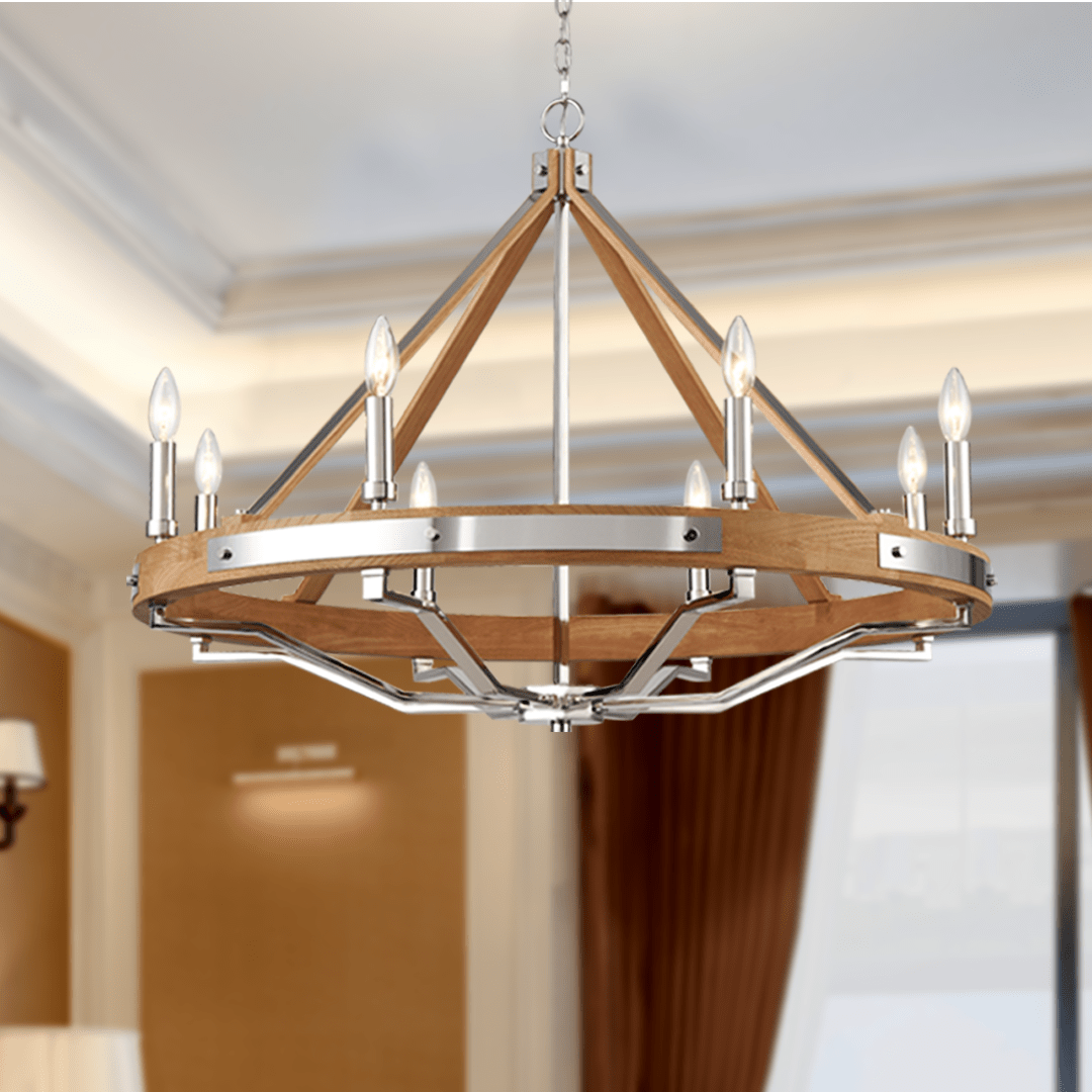 8 - Light Farmhouse Chandelier Diam 34'', E12 Base, Polished Nickel Finish Hardware with Nature Solid Ashwood - LEDMyPlace