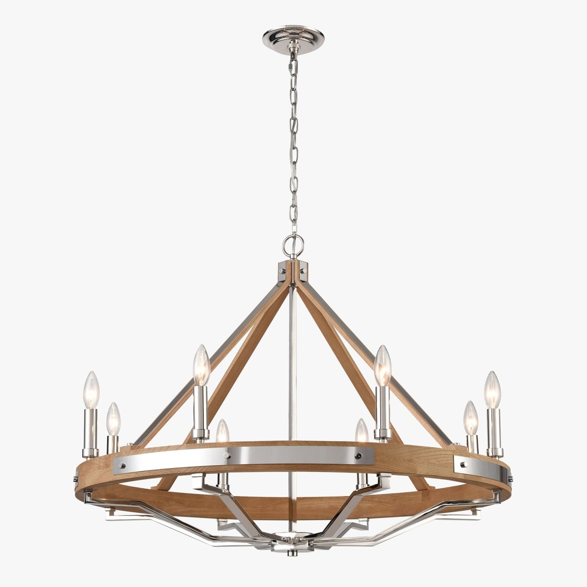 8 - Light Farmhouse Chandelier Diam 34'', E12 Base, Polished Nickel Finish Hardware with Nature Solid Ashwood - LEDMyPlace