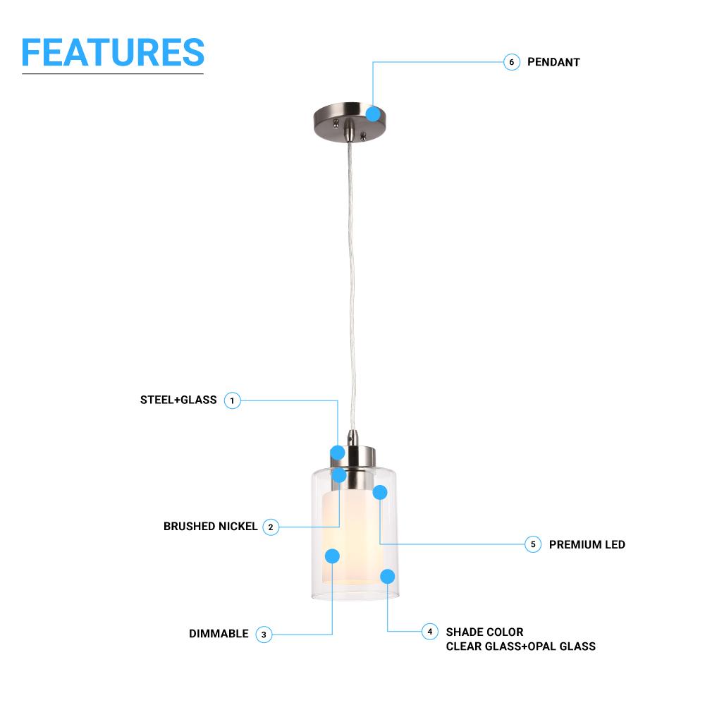 8W Cylinder Shape LED Pendant Light, Brushed Nickel Finish, 4000K (Cool White), 500 Lumens, ETL Listed - LEDMyPlace