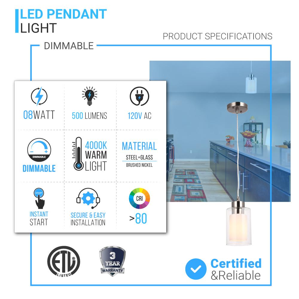 8W Cylinder Shape LED Pendant Light, Brushed Nickel Finish, 4000K (Cool White), 500 Lumens, ETL Listed - LEDMyPlace