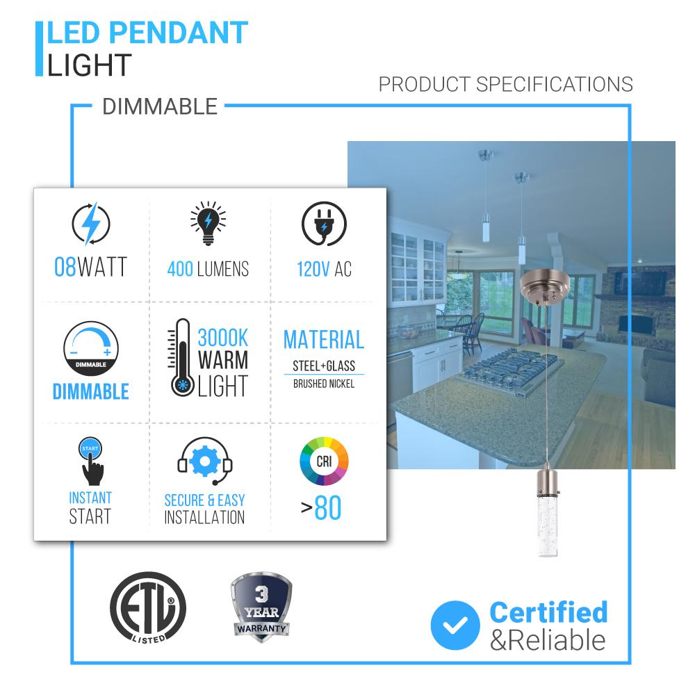 8W Dimmable LED Pendant Ceiling Light, 3000K (Warm White), Seedy Glass Shade, Dimmable, 400 Lumens, ETL Listed - LEDMyPlace