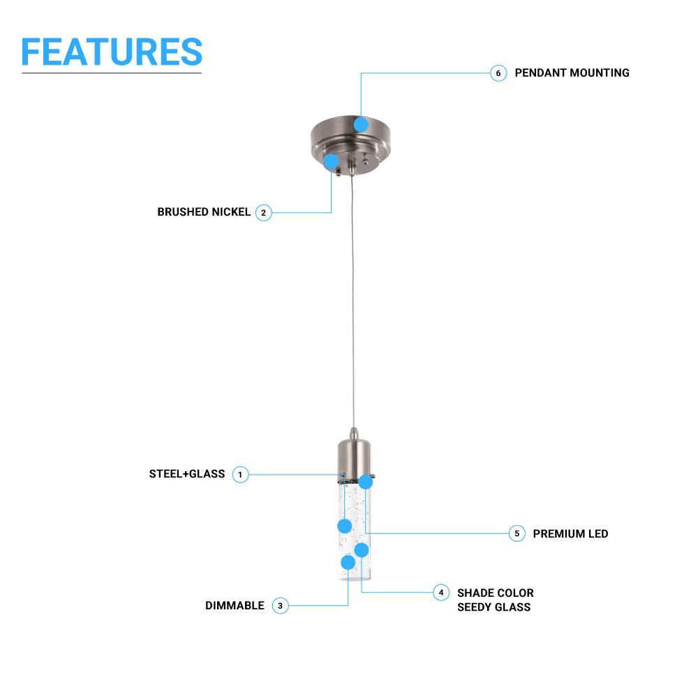 8W Dimmable LED Pendant Ceiling Light, 3000K (Warm White), Seedy Glass Shade, Dimmable, 400 Lumens, ETL Listed - LEDMyPlace