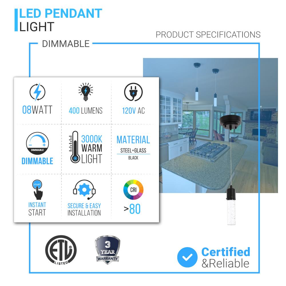 8W Dimmable LED Pendant Ceiling Light, 3000K (Warm White), Seedy Glass Shade, Dimmable, 400 Lumens, ETL Listed - LEDMyPlace