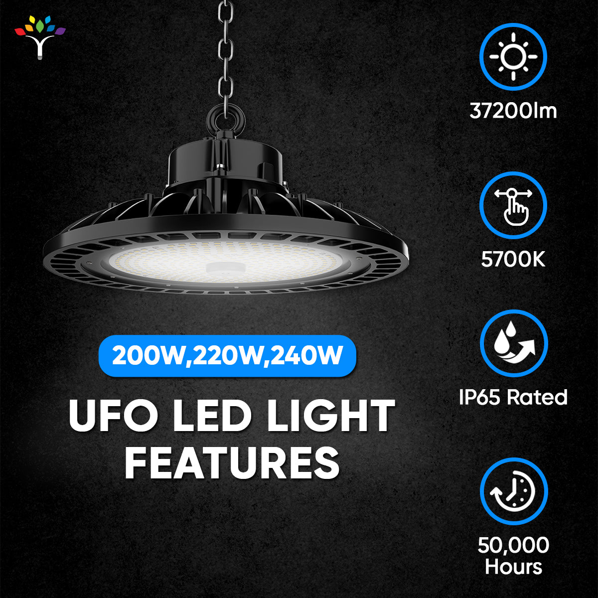 UFO LED High Bay Light, 240W/220W/200W Wattage Adjustable, 5700K 131 LM/W, Waterproof IP65, 1-10V Dimmable, AC277-480V High Voltage, UL, DLC Listed, For Factory, Workshop, Barn, Garage, Commercial Shop, Warehouse, Airport