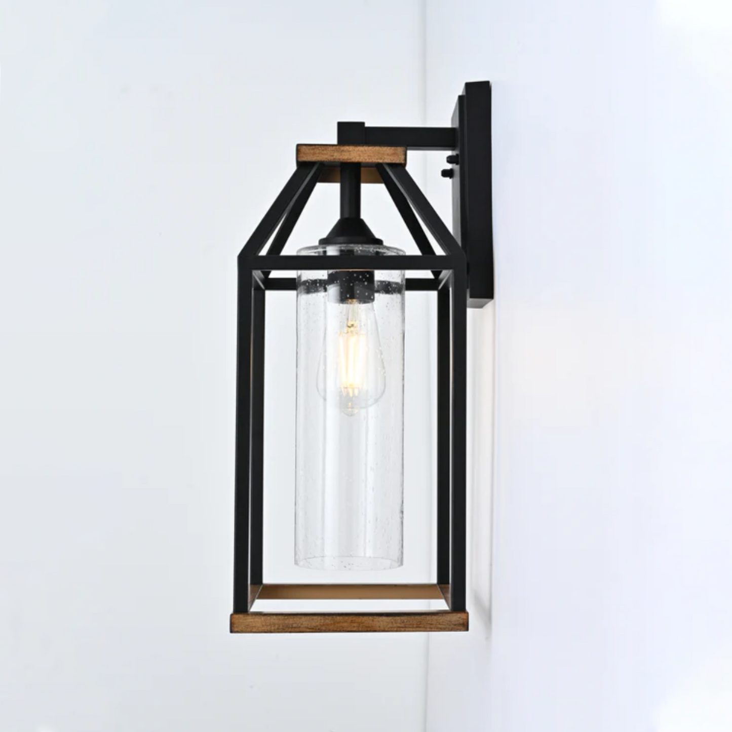 20-in Black and Wood Outdoor Farmhouse Wall Lantern, 1-Light Wall Lamp Sconce, Clear Seeded Glass