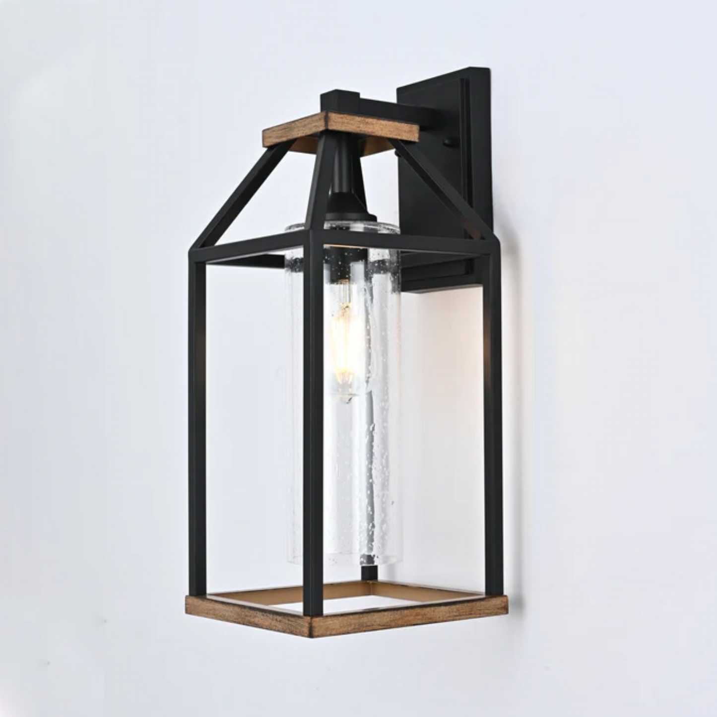 20-in Black and Wood Outdoor Farmhouse Wall Lantern, 1-Light Wall Lamp Sconce, Clear Seeded Glass