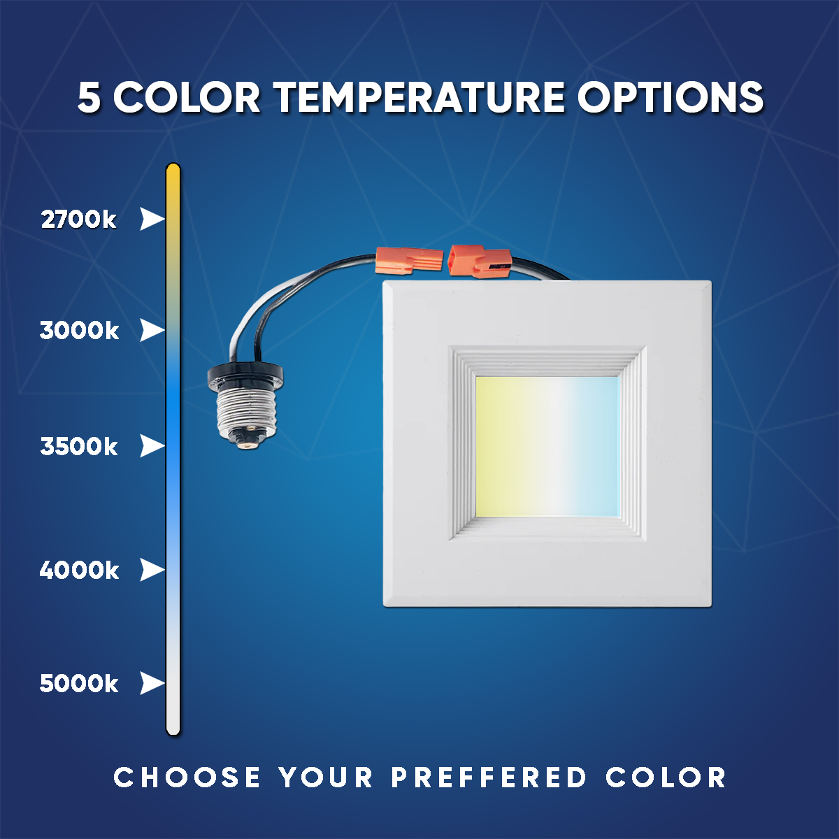 4" Square LED Downlight, 10W, 5CCT Changeable: 2700K/3000K/3500K/4000K/5000K, 120V AC, Baffle Aluminum Trim, Damp Rated