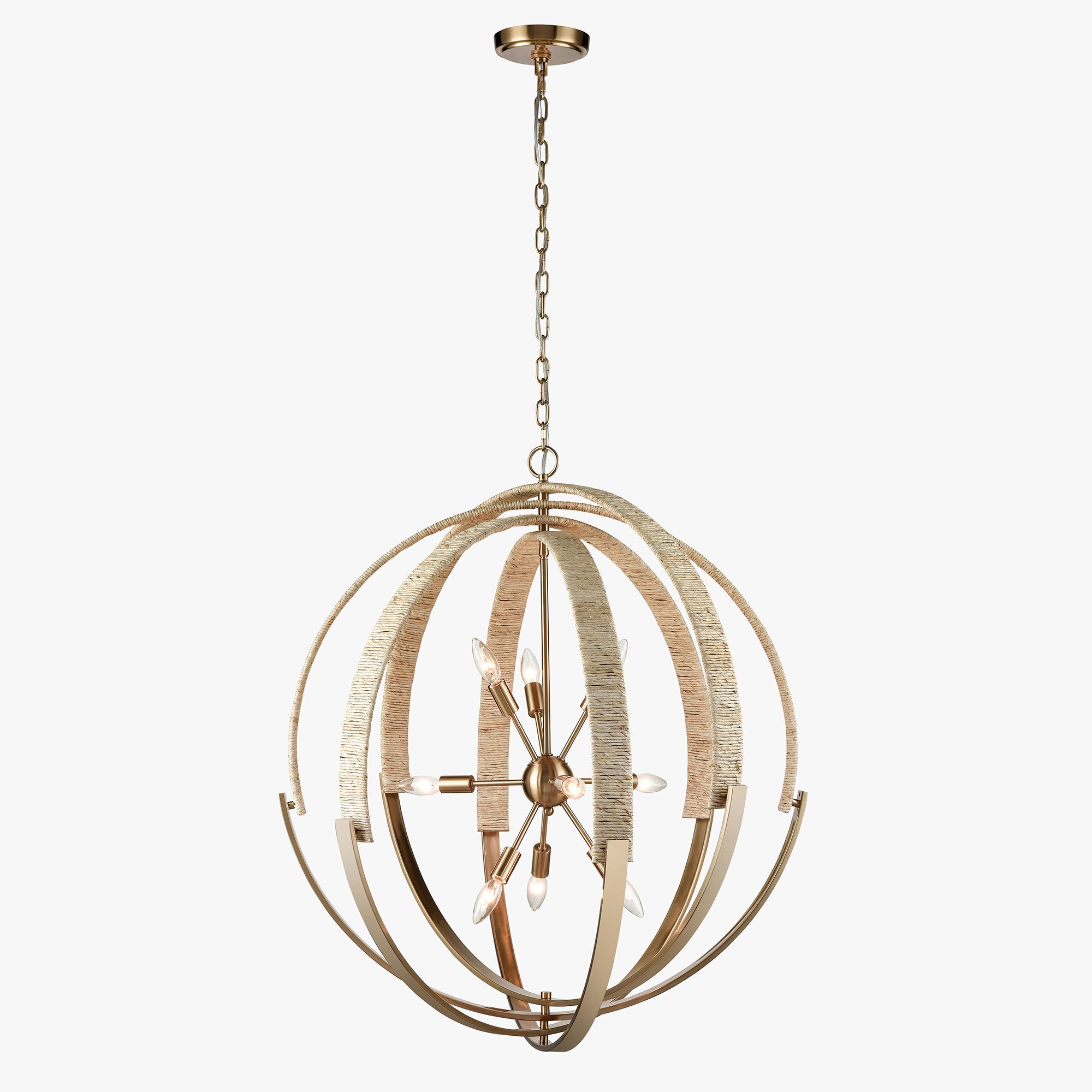 9-Light Brass Finish Hardware with Nature Brown Corn Leaf Rope Pendant Light, E12 Base