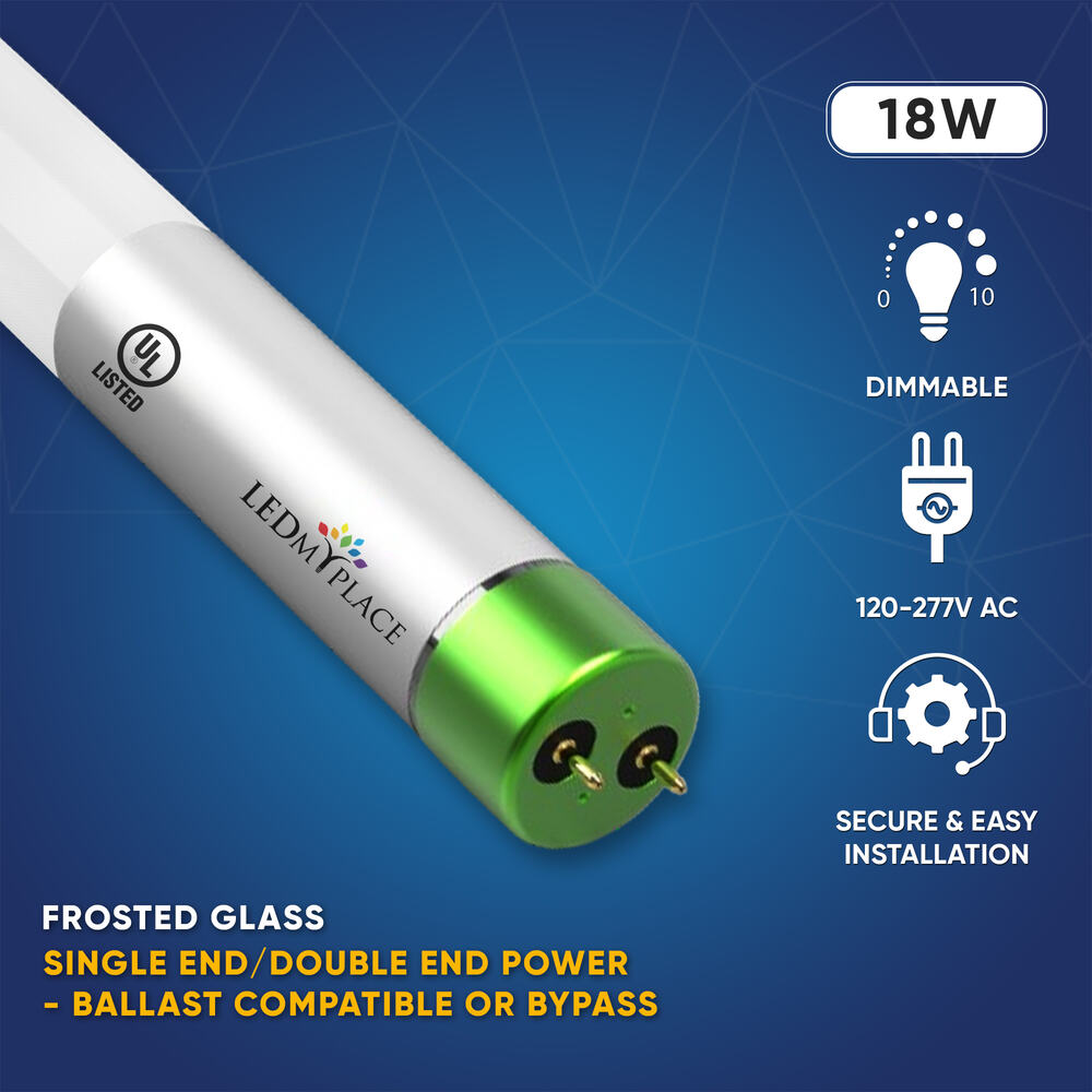 Hybrid T8 4ft LED Tube/Bulb - Glass 18W 2400 Lumens 6500K Frosted, Single End/Double End Power - Ballast Compatible or Bypass (Check Compatibility List)