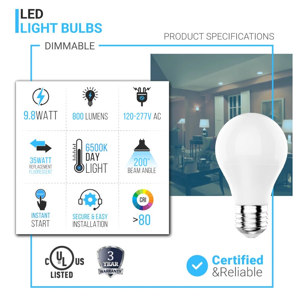 A19 Dimmable LED Light Bulb 6500K, 9.8W, Crystal White, 800 Lumens, (E26) - LEDMyPlace