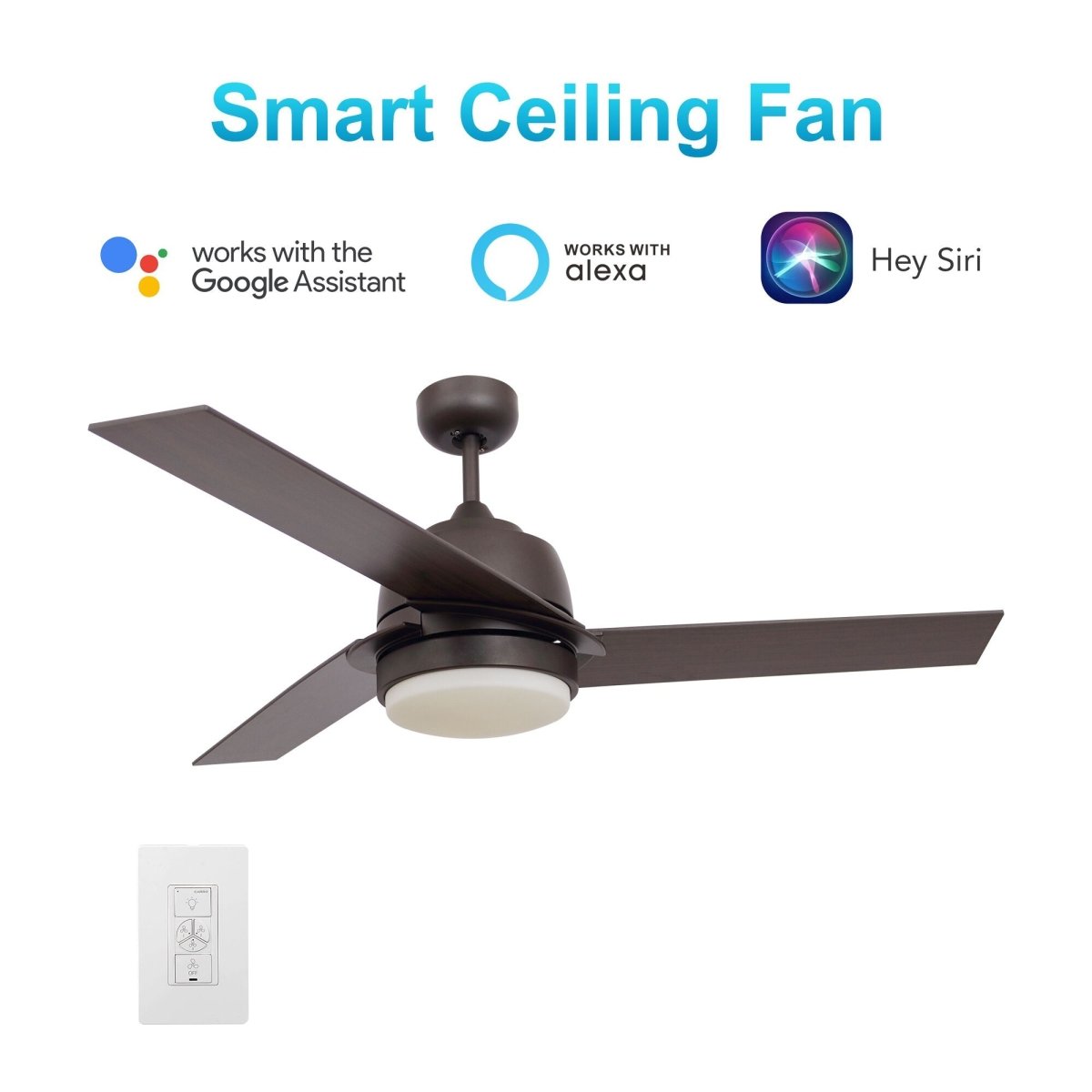 Aeryn 52 inch 3 - Blade Best Smart Ceiling Fan with Wall Switch - Oil Rubbed Bronze/Walnut - LEDMyPlace