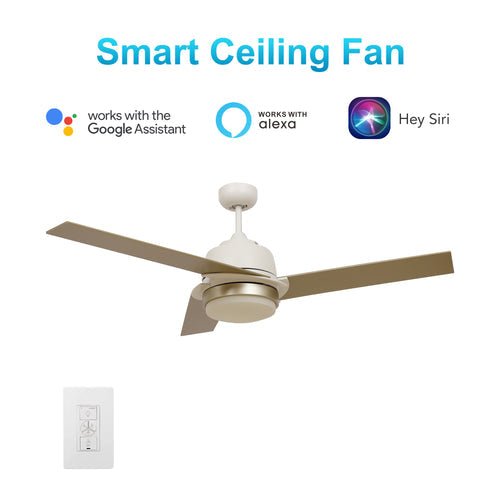 AERYN 52 inch 3 - Blade Best Smart Ceiling Fan with Wall Switch - White/Champagne - LEDMyPlace