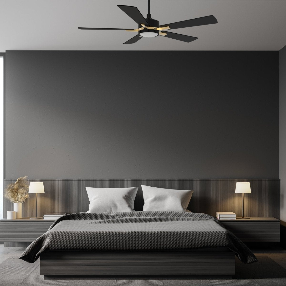 Appleton 52 Inch 5 - Blade Best Smart Ceiling Fan With Led Light Kit & Remote Control - Black/Black (Gold Detail) - LEDMyPlace