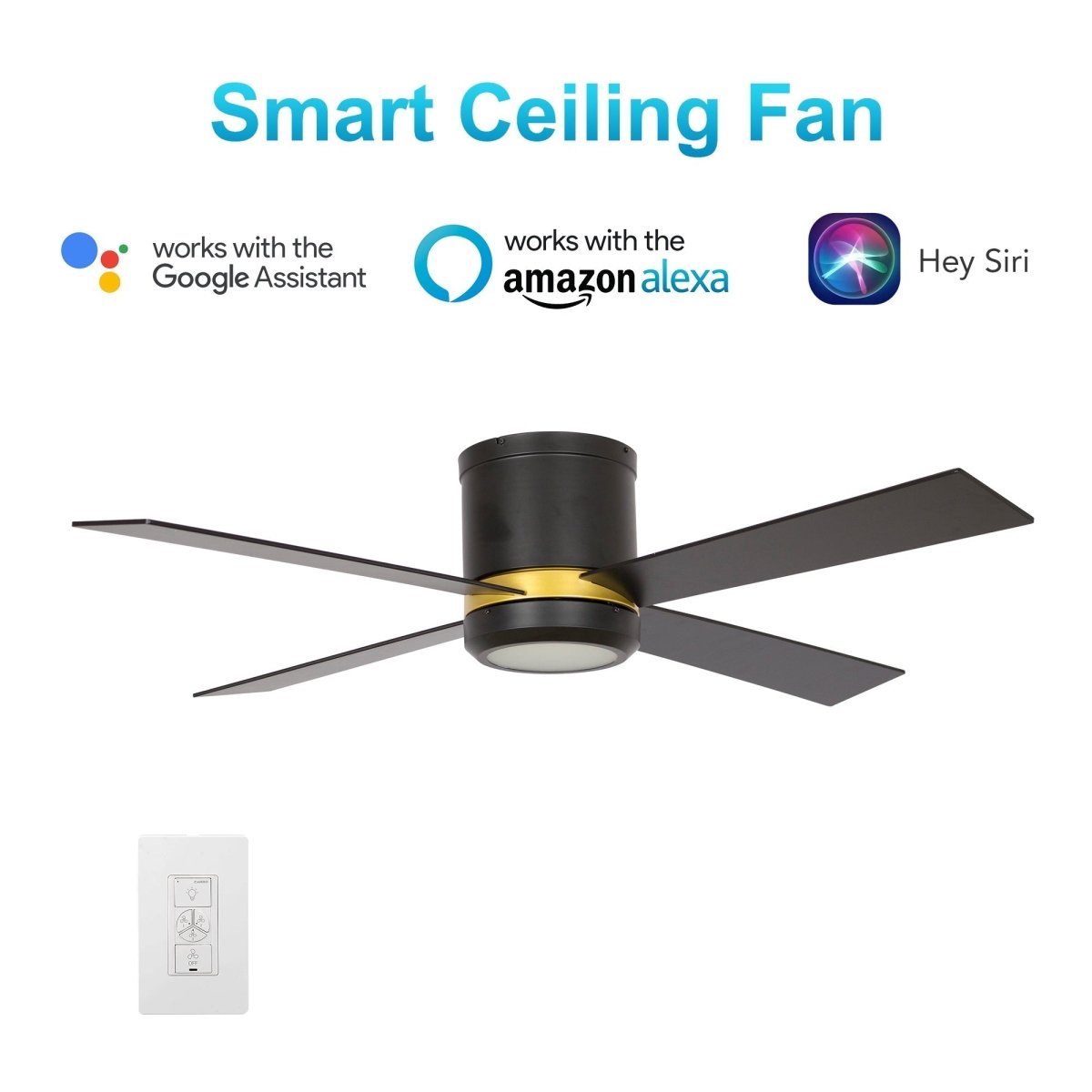 Arlington 52 Inch 4 - Blade Flush Mount Best Smart Ceiling Fan With Led Light Kit & Wall Switch - Gold/Black - LEDMyPlace