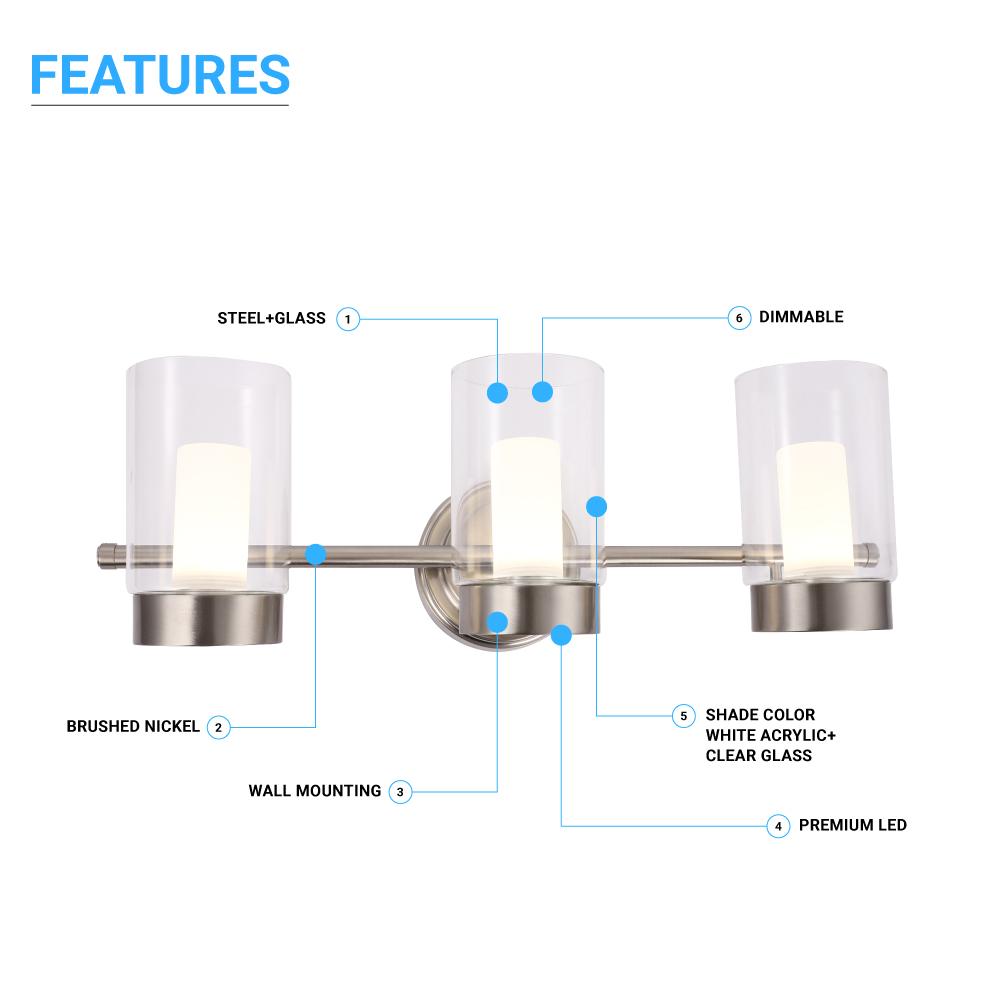 Bathroom Light Fixtures, 4000K, Dimmable, Brushed Nickel Finish, Wall Mount, Damp Location, Vanity Lighting - LEDMyPlace