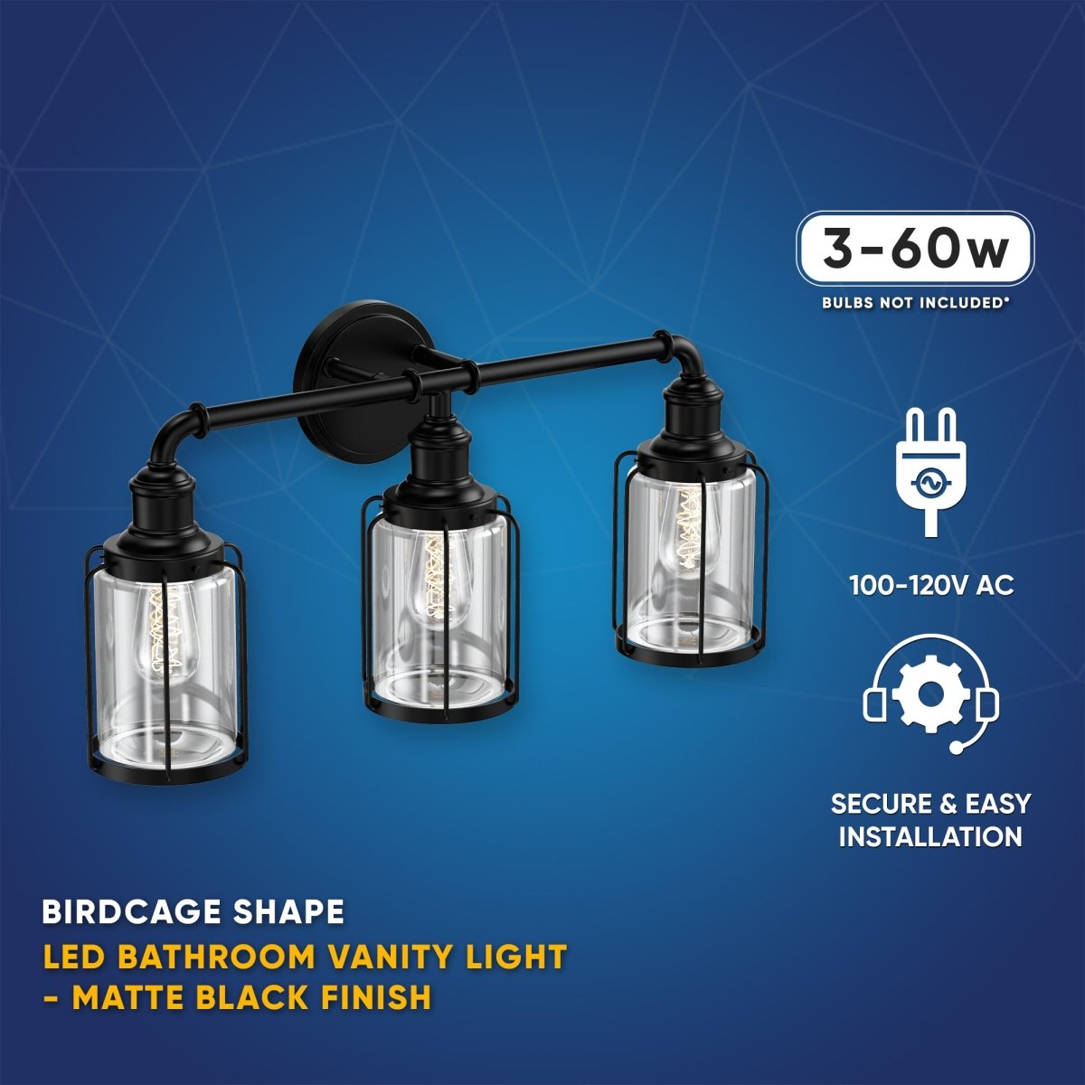 Birdcage Shape Bathroom Light Fixtures, Wall Mount, Matte Black with Clear Glass Shade, 1 - Light/2 - Light/3 - Light, E26 Base, For Damp Locations, Vanity Lighting - LEDMyPlace