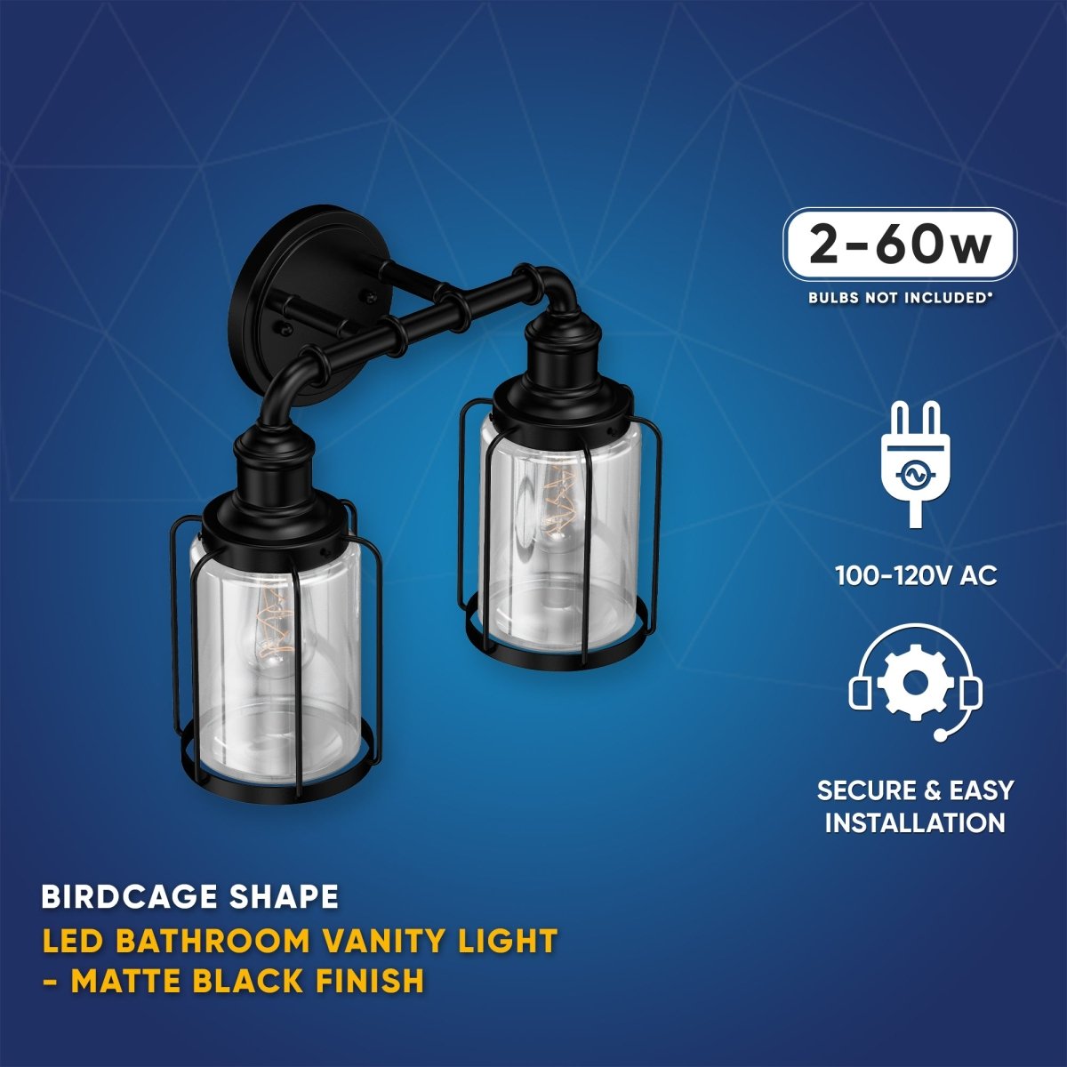 Birdcage Shape Bathroom Light Fixtures, Wall Mount, Matte Black with Clear Glass Shade, 1 - Light/2 - Light/3 - Light, E26 Base, For Damp Locations, Vanity Lighting - LEDMyPlace