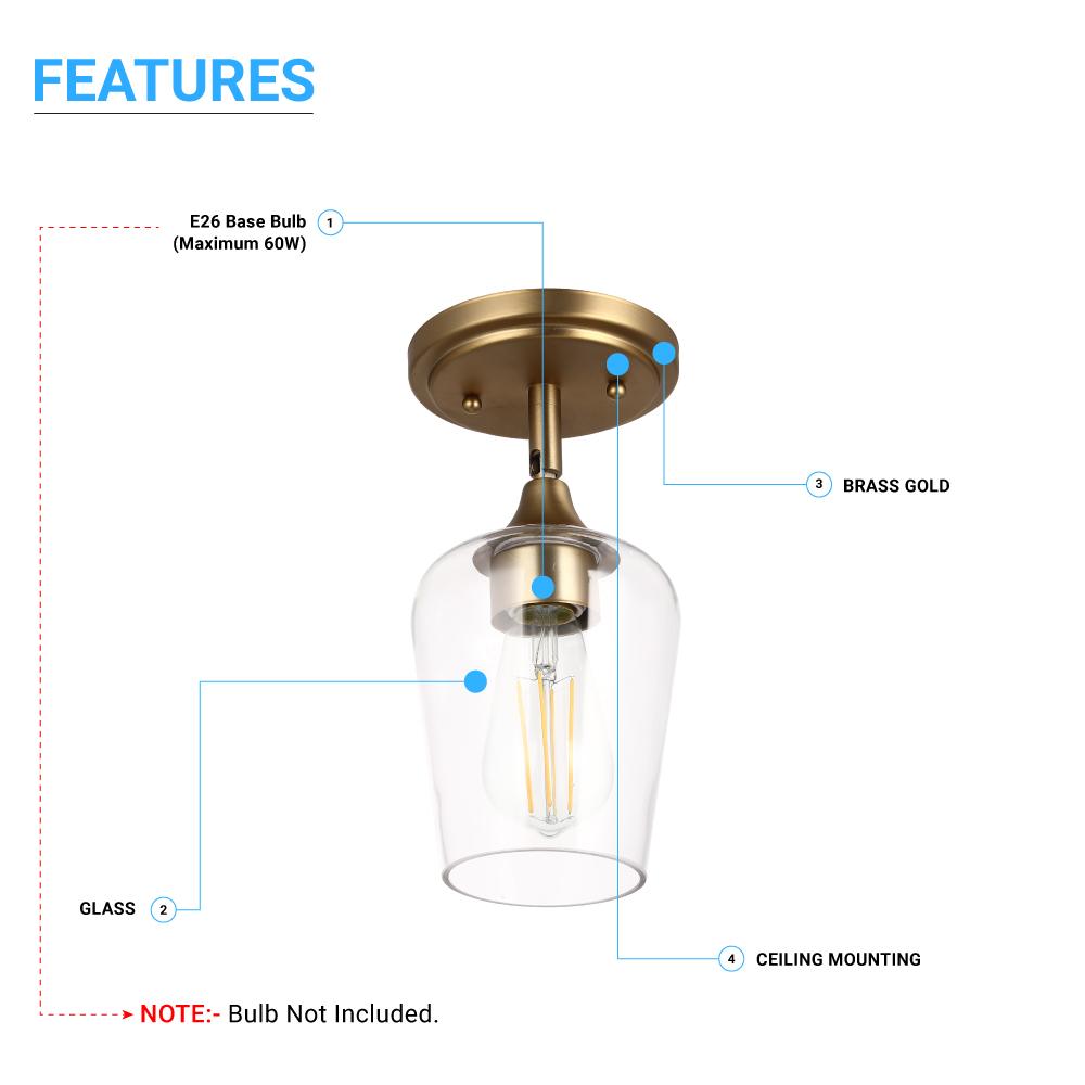 Brass Gold Semi - Flush Mount Light with Bell Shape Clear Glass Shade, E26 Base, Damp Location, Ceiling Mounting, UL Listed - LEDMyPlace