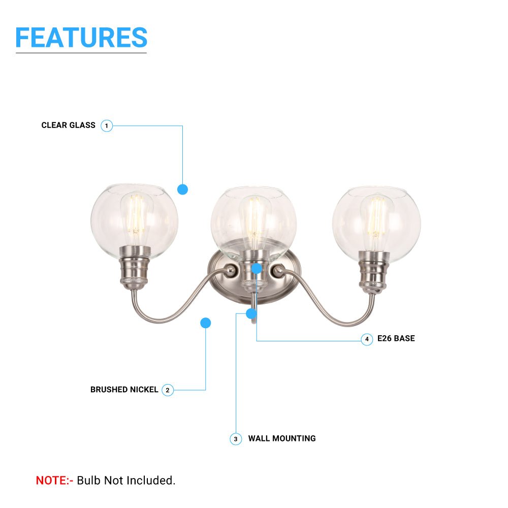 Clear Glass Bathroom Light Fixtures, Wall Mount, 2 - Head/3 - Head, E26 Base Brushed Nickel Finish, Vanity Lighting - LEDMyPlace