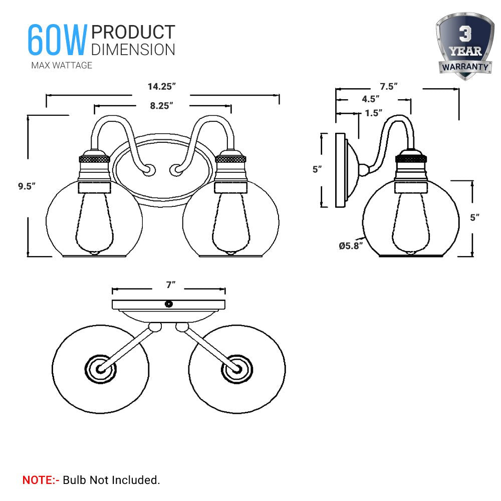 Clear Glass Bathroom Light Fixtures, Wall Mount, 2 - Head/3 - Head, E26 Base Brushed Nickel Finish, Vanity Lighting - LEDMyPlace