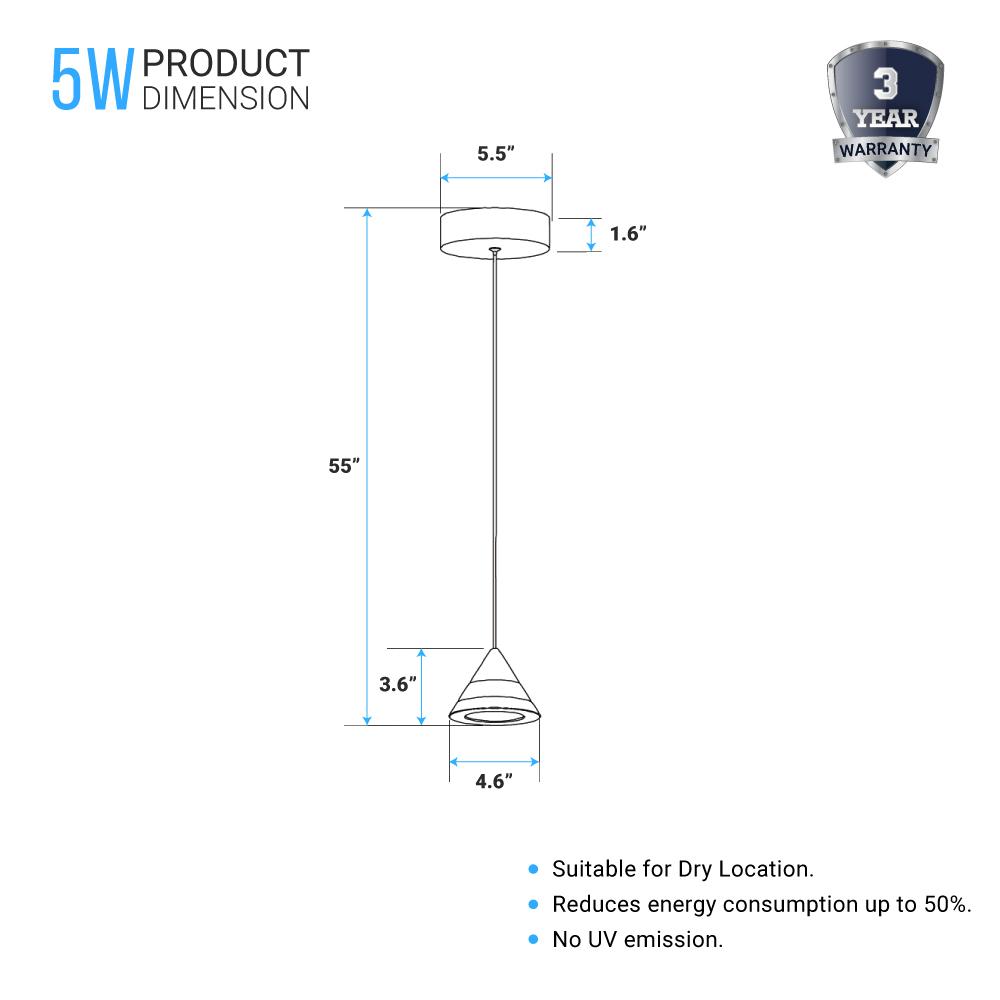 Cone Pendant Lighting, 5W, 3000K (Warm White), Dimmable, Hanging Lights, - LEDMyPlace