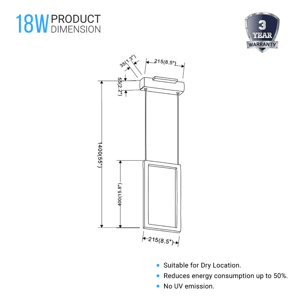 Dimmable LED Rectangle Pendant Chandelier Ceiling Light Fixture, 18W, 3000K, 900LM, For Living Room Dining Room Office Room - LEDMyPlace