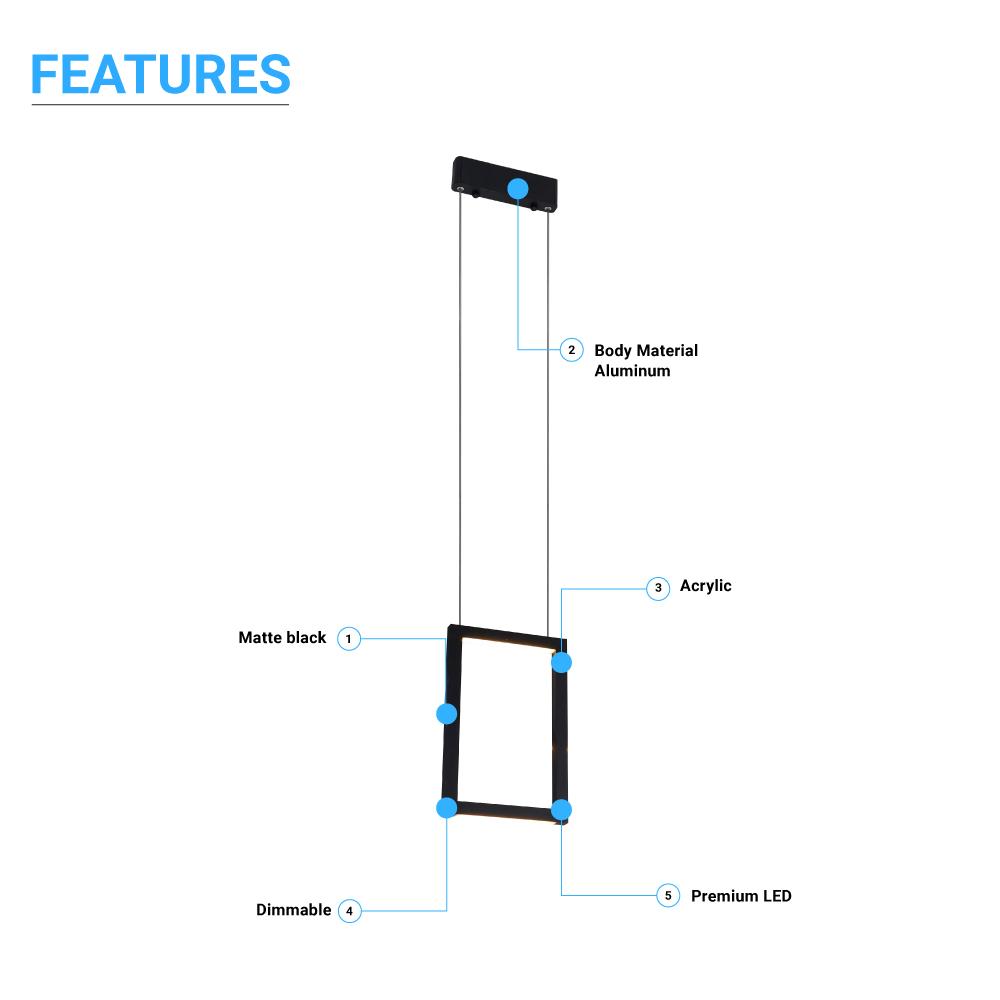 Dimmable LED Rectangle Pendant Chandelier Ceiling Light Fixture, 18W, 3000K, 900LM, For Living Room Dining Room Office Room - LEDMyPlace