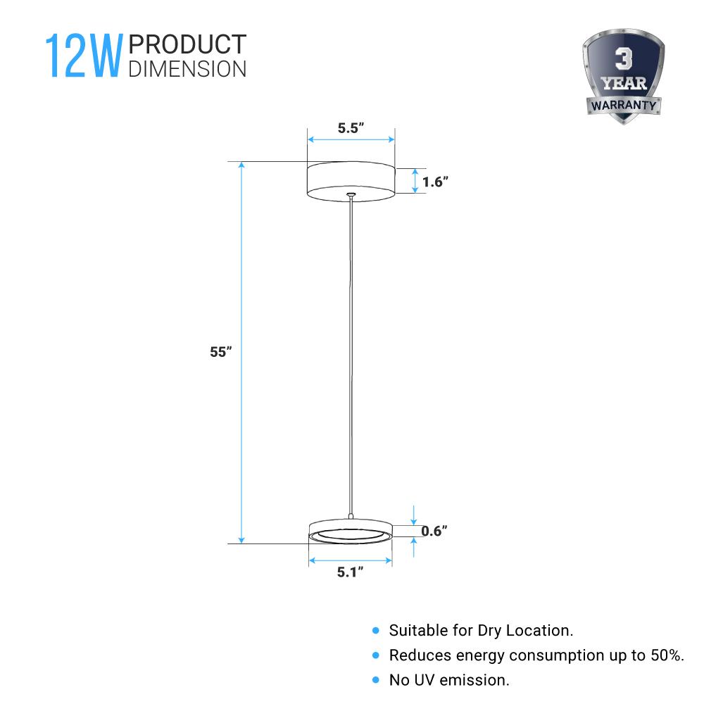 Disk Architectural, LED 5.5 Inch Round Pendant Mount Direct Down Light Fixture, 12W, 3000K, Dimmable - LEDMyPlace