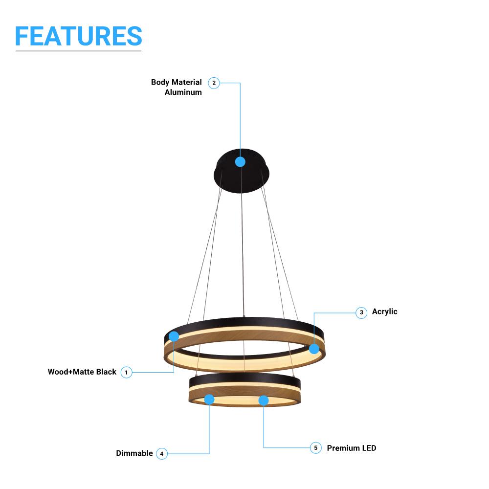 Double Circle Chandelier, 78W, 3000K, 1501 Lumens, Wooden + Matte Black Chandelier, Dimmable Pendant Fixture - LEDMyPlace