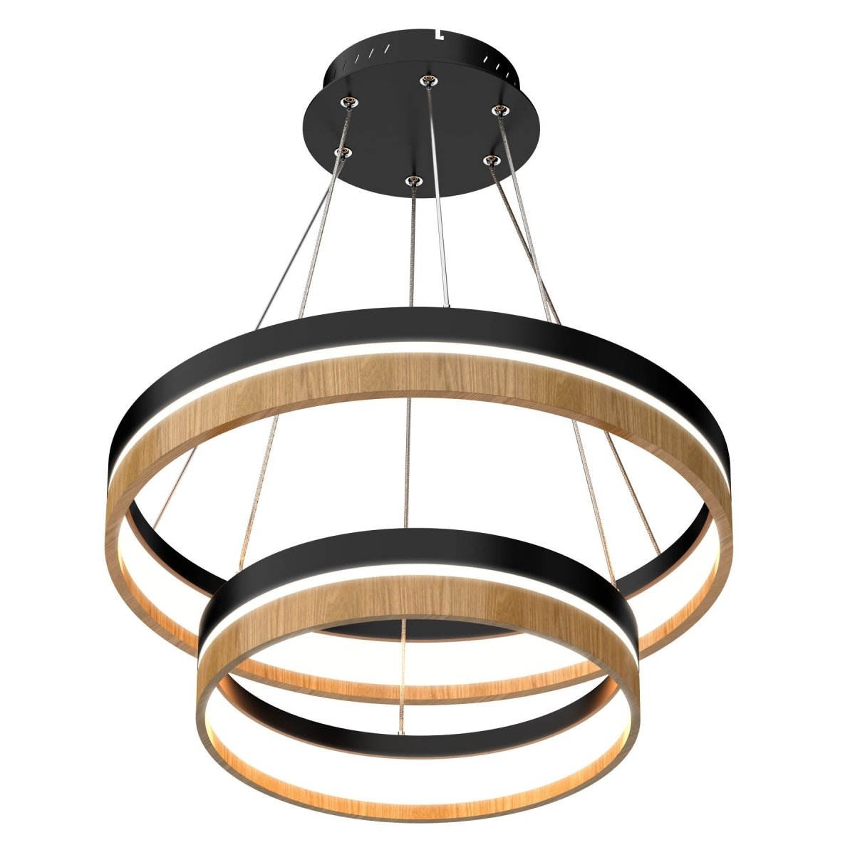 Double Circle Chandelier, 78W, 3000K, 1501 Lumens, Wooden + Matte Black Chandelier, Dimmable Pendant Fixture - LEDMyPlace