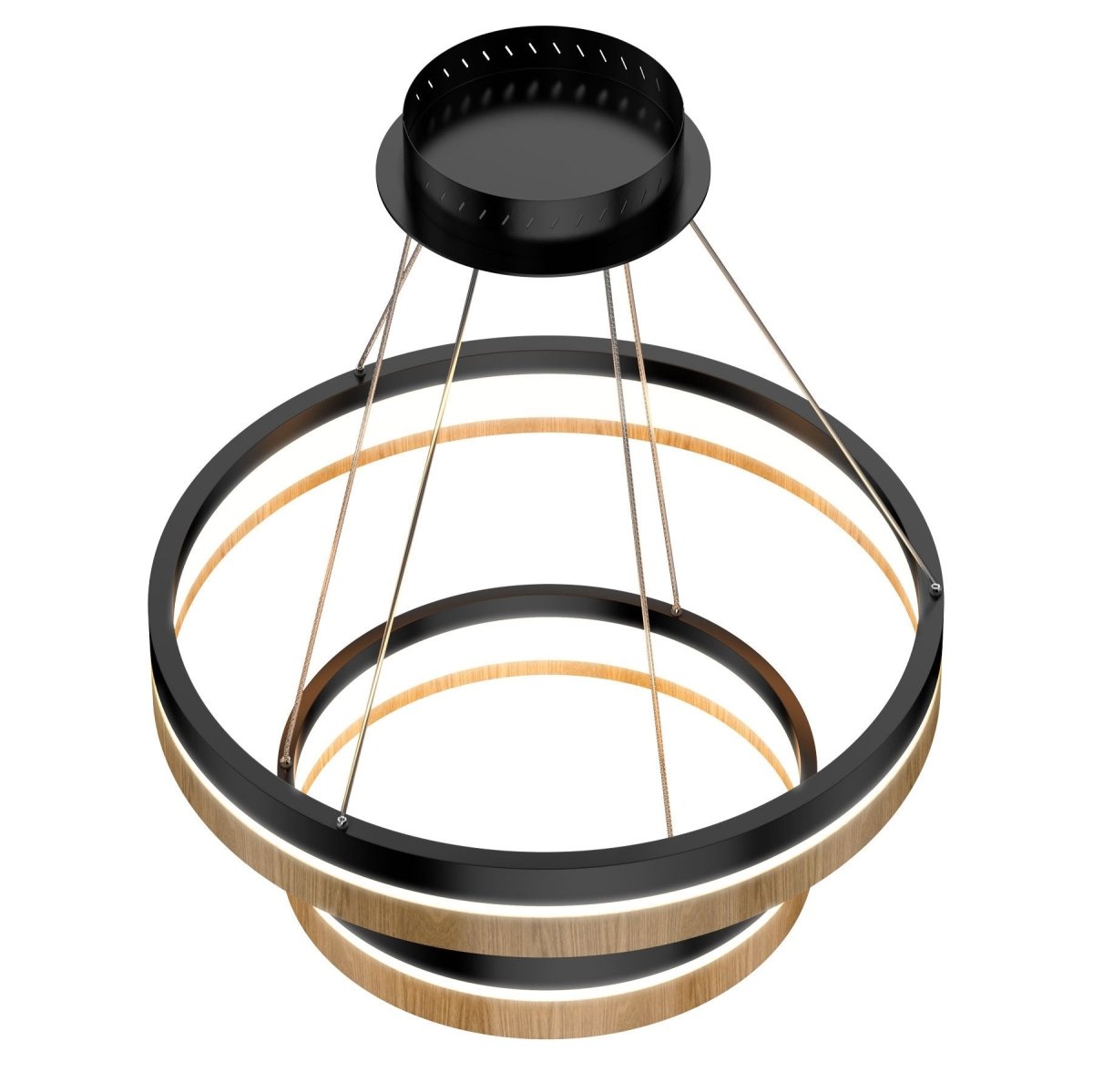 Double Circle Chandelier, 78W, 3000K, 1501 Lumens, Wooden + Matte Black Chandelier, Dimmable Pendant Fixture - LEDMyPlace