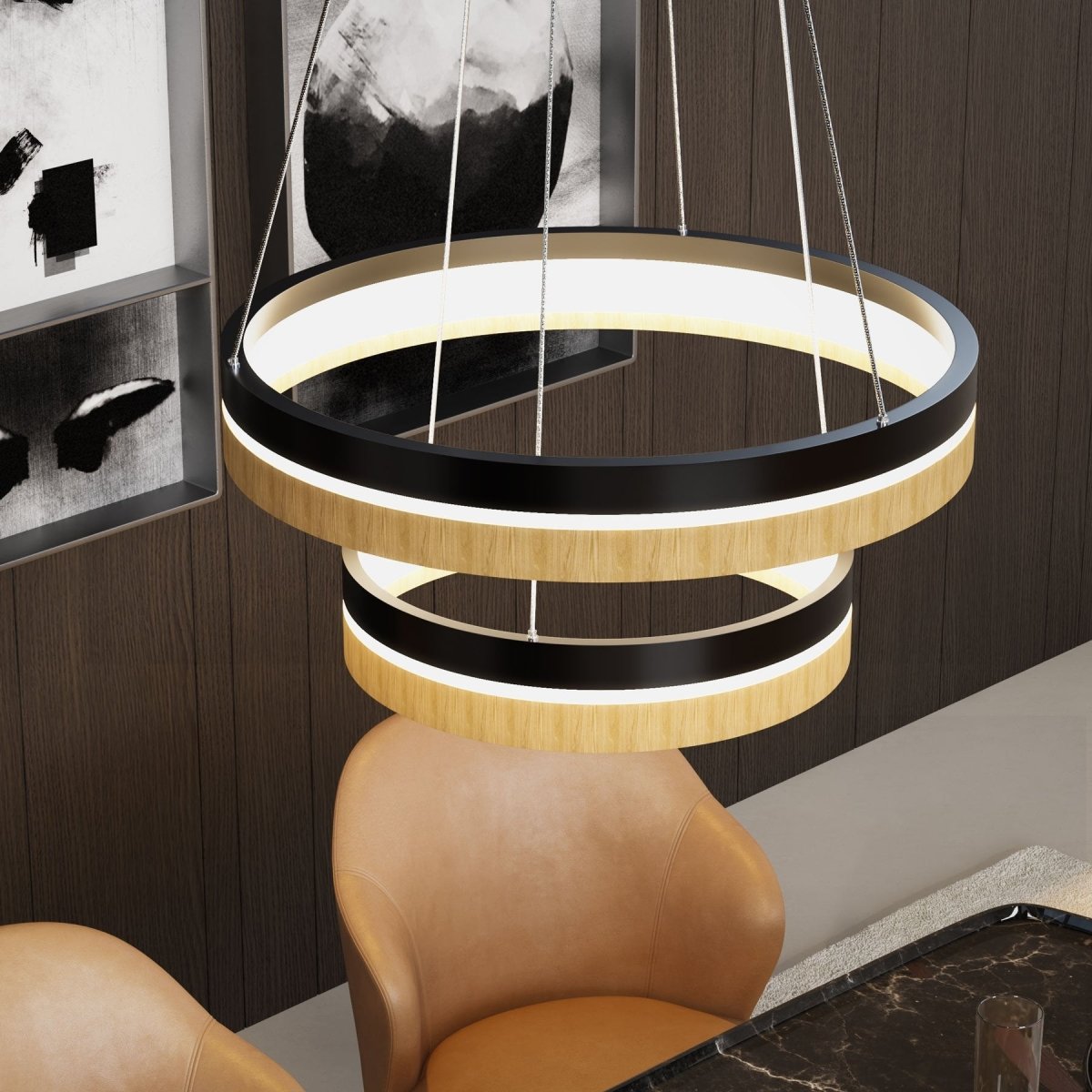 Double Circle Chandelier, 78W, 3000K, 1501 Lumens, Wooden + Matte Black Chandelier, Dimmable Pendant Fixture - LEDMyPlace