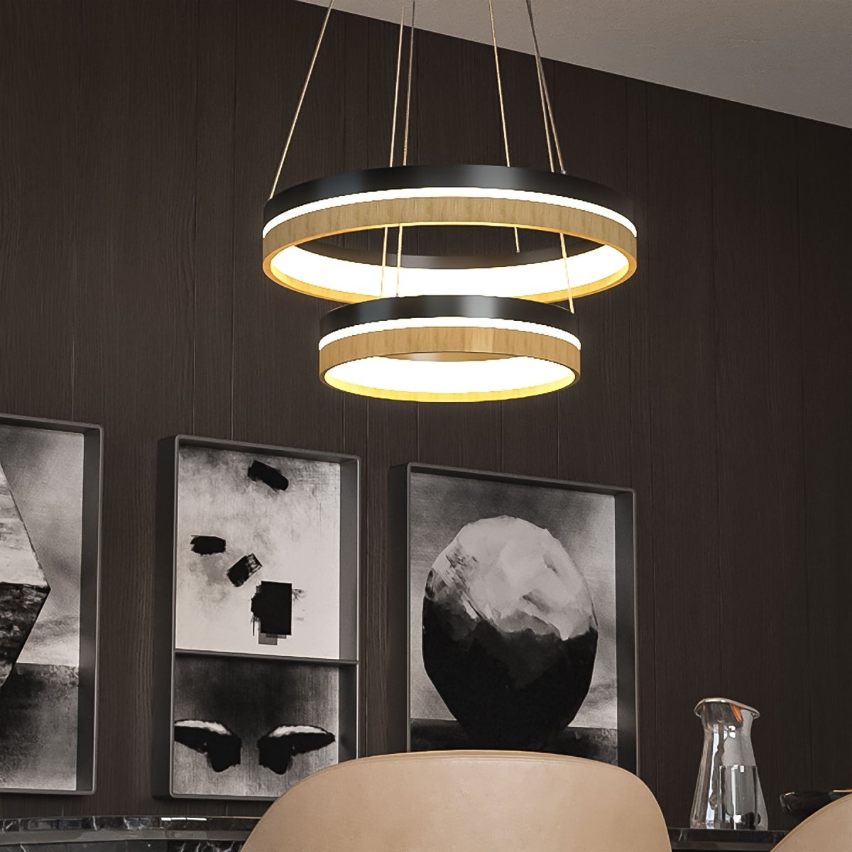 Double Circle Chandelier, 78W, 3000K, 1501 Lumens, Wooden + Matte Black Chandelier, Dimmable Pendant Fixture - LEDMyPlace