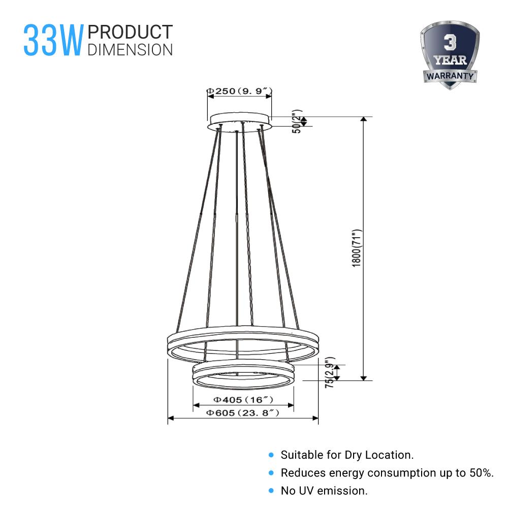 Double Circle Chandelier, 78W, 3000K, 1501 Lumens, Wooden + Matte Black Chandelier, Dimmable Pendant Fixture - LEDMyPlace