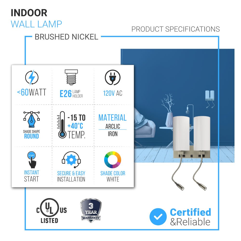 Double Head Acrylic Wall Sconce, Brushed Nickel Finish, With LED 2*1W, 1 USB, 2 Switches & 2 outlet, Bedside Wall Lights with Reading Lamp, for Bedroom Living Room Hotels - LEDMyPlace