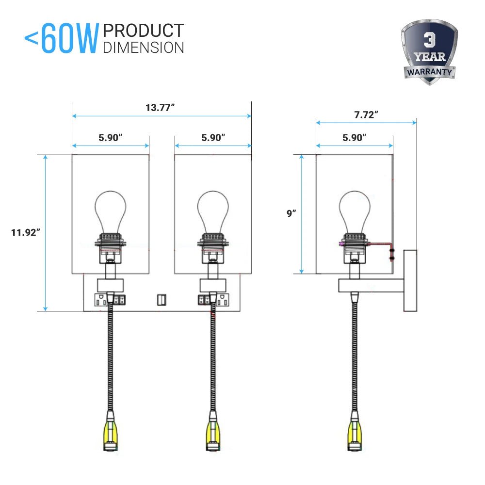 Double Head Acrylic Wall Sconce, Brushed Nickel Finish, With LED 2*1W, 1 USB, 2 Switches & 2 outlet, Bedside Wall Lights with Reading Lamp, for Bedroom Living Room Hotels - LEDMyPlace