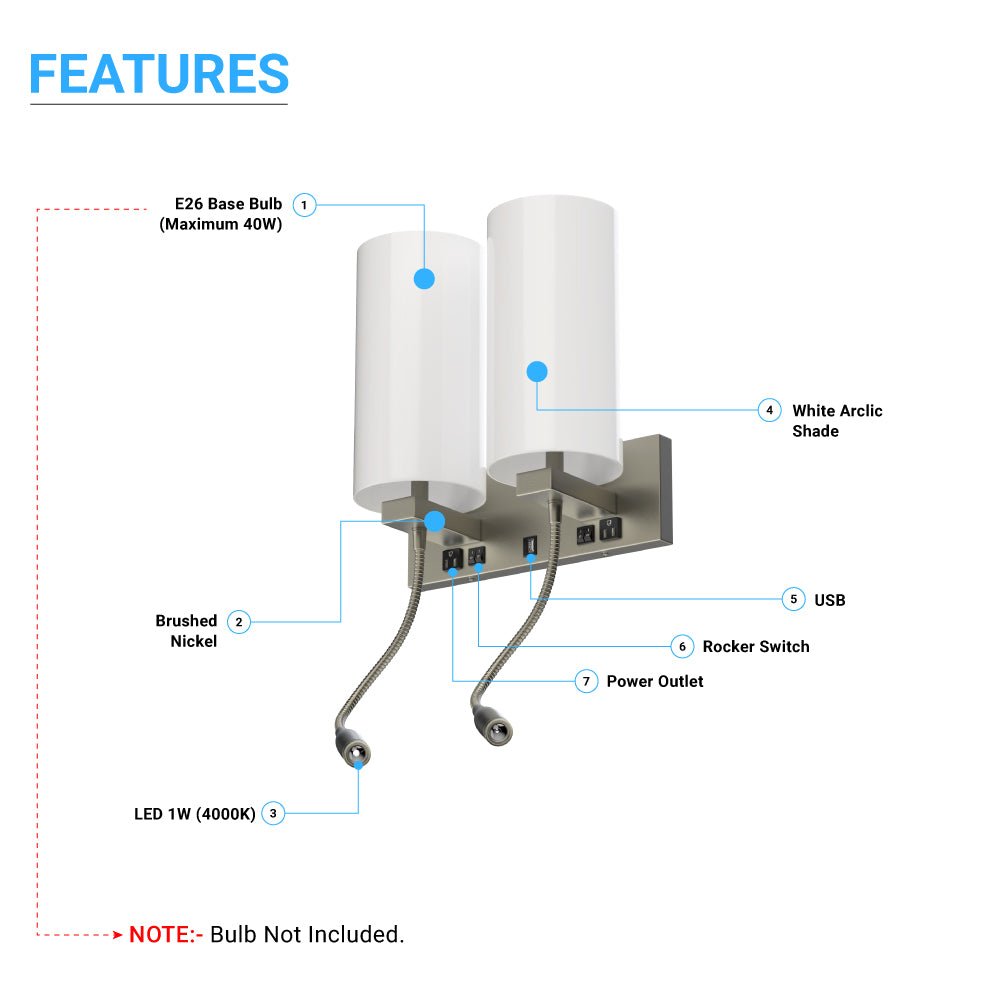 Double Head Acrylic Wall Sconce, Brushed Nickel Finish, With LED 2*1W, 1 USB, 2 Switches & 2 outlet, Bedside Wall Lights with Reading Lamp, for Bedroom Living Room Hotels - LEDMyPlace