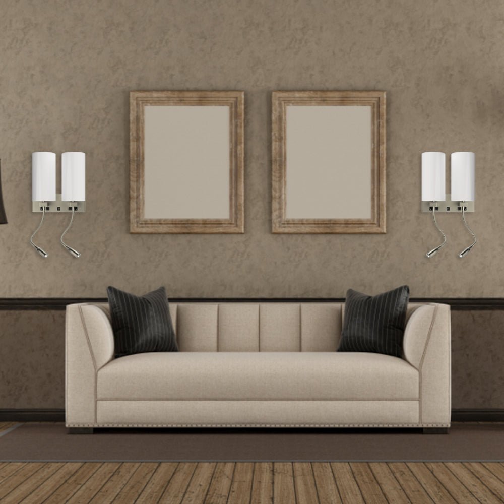 Double Head Acrylic Wall Sconce, Brushed Nickel Finish, With LED 2*1W, 1 USB, 2 Switches & 2 outlet, Bedside Wall Lights with Reading Lamp, for Bedroom Living Room Hotels - LEDMyPlace