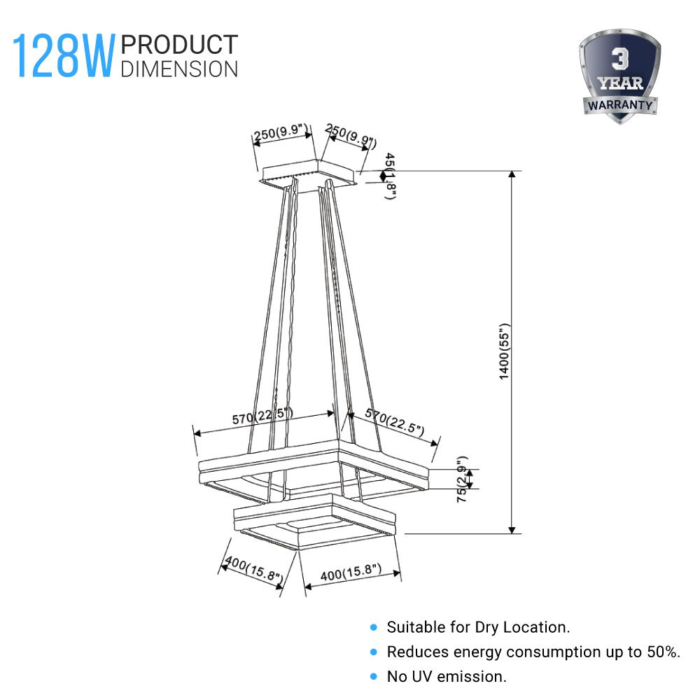 Double Square Chandeliers Light, 128W, 3000K (Warm White), 2461 Lumens, Dimmable Wooden + Matte Black Finish Chandelier - LEDMyPlace