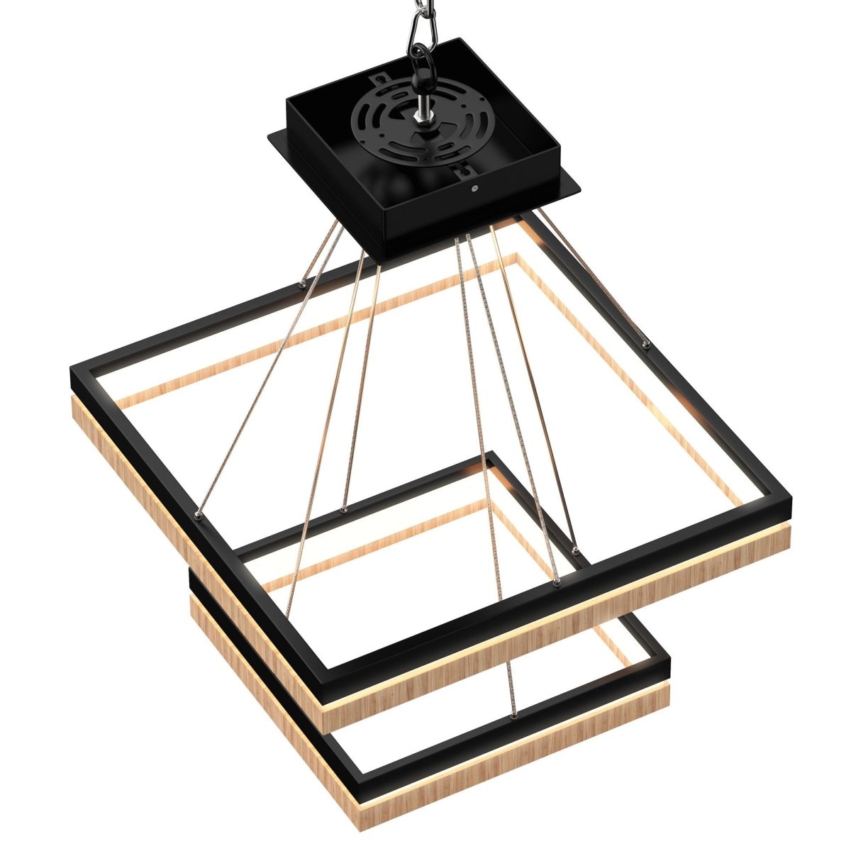 Double Square Chandeliers Light, 128W, 3000K (Warm White), 2461 Lumens, Dimmable Wooden + Matte Black Finish Chandelier - LEDMyPlace