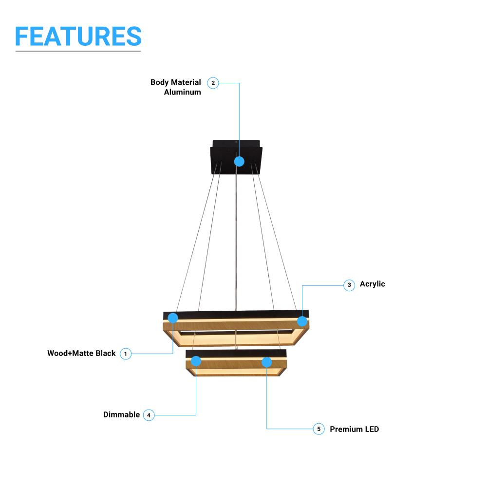 Double Square Chandeliers Light, 128W, 3000K (Warm White), 2461 Lumens, Dimmable Wooden + Matte Black Finish Chandelier - LEDMyPlace