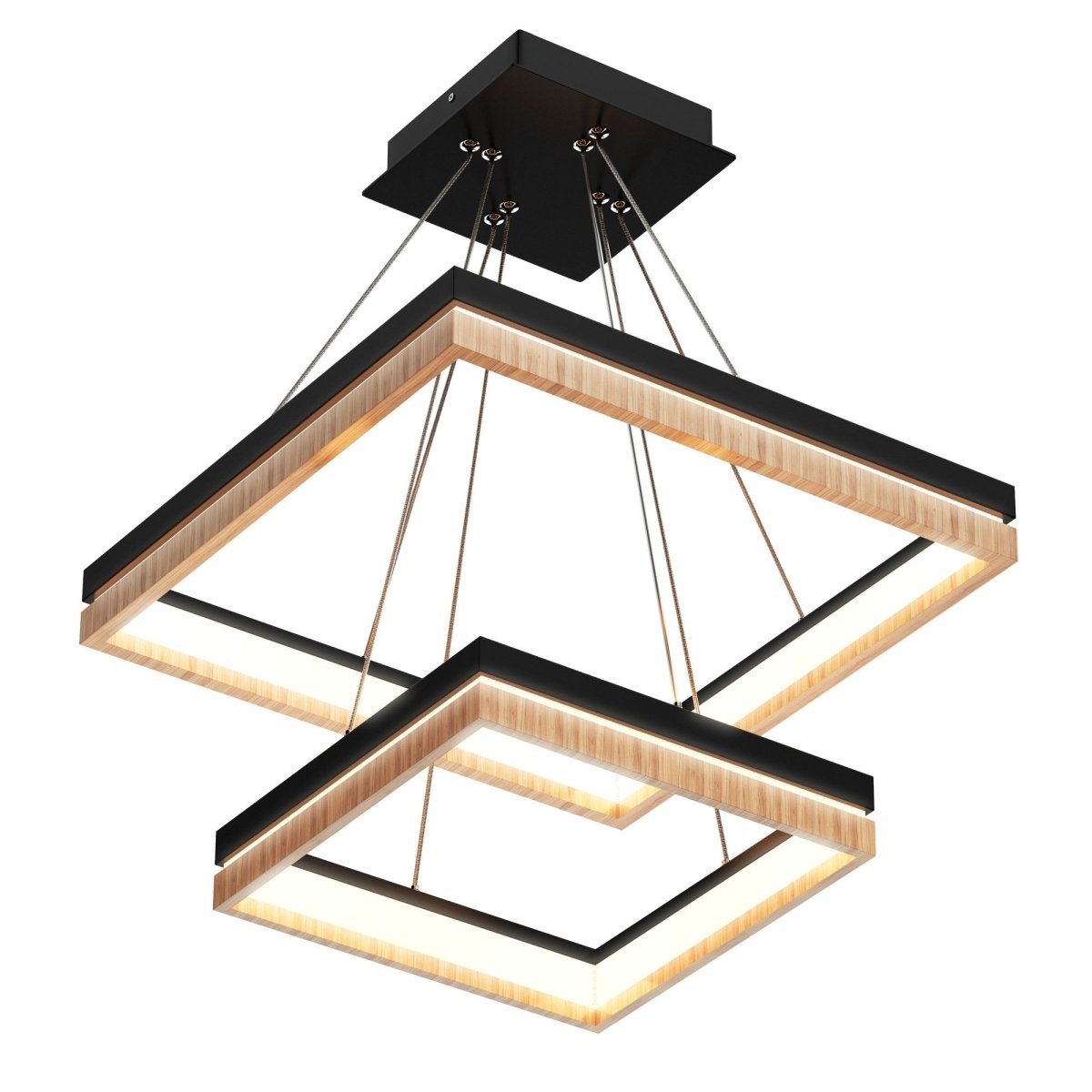 Double Square Chandeliers Light, 128W, 3000K (Warm White), 2461 Lumens, Dimmable Wooden + Matte Black Finish Chandelier - LEDMyPlace