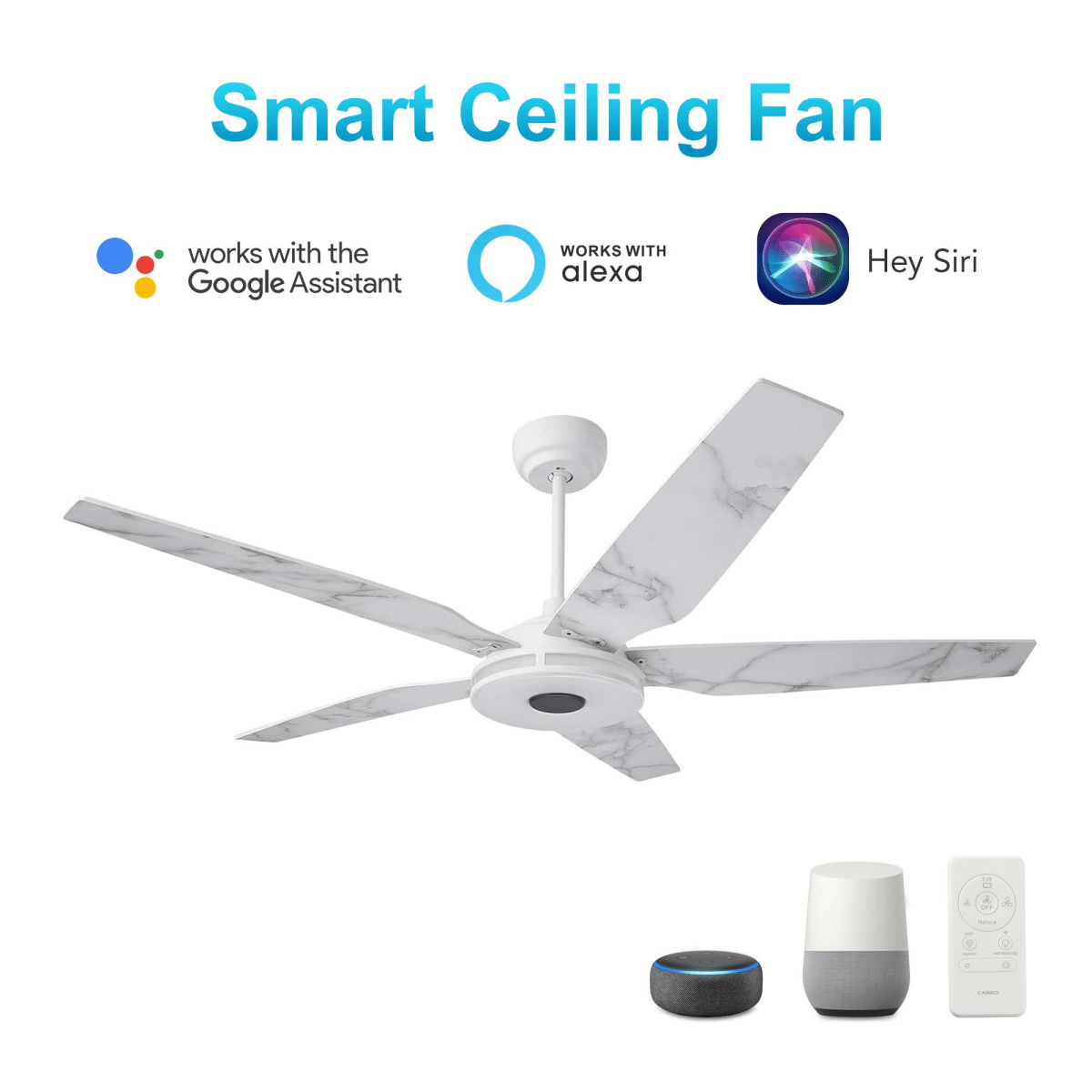 Explorer 52 In. 5 - Blade Outdoor Best Smart Ceiling Fan, White Marble Pattern with Dimmable Led Light, Remote Control, Alexa/google Home/Siri Compatible - LEDMyPlace